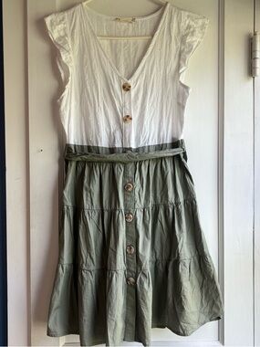 Altar'd State White & Olive Green Button-Front A-Line Skirt Dress